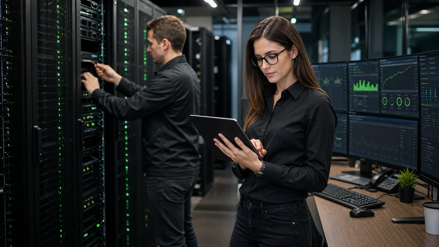 Server administrators monitoring infrastructure dashboards